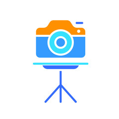 Photo camera on a tripod line icon. Photo and video editing, retouching, editing, collage, layers, tools, design. Vector color icon on white background for business and advertising.