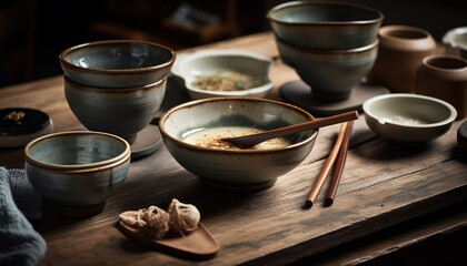 Wooden bowl holds homemade Chinese meal on rustic table generated by AI