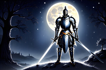 Naklejka premium a knight with a sword in the moonlight, Generative AI