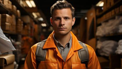 Fototapeta premium A confident young man working in a warehouse, looking at camera generated by AI