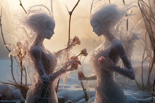 Graceful frost faeries, creating intricate ice sculptures in frozen landscapes - Generative AI