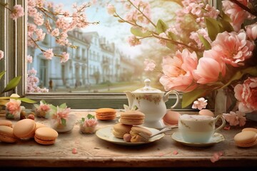 A springtime celebration: a table with a croissant and cappuccino adorned by lovely blossoms. Generative AI