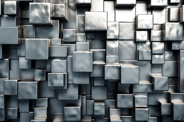 Elegant, opulent wall backdrop adorned with tiled squares. Silver blocks add a 3D effect. Rendered design. Generative AI