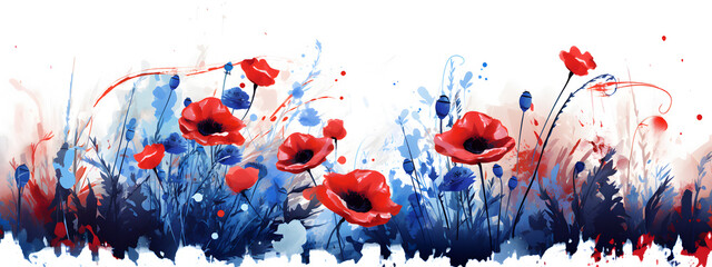 fleurs de bleuet et de coquelicot - symbole de l'armistice du 11 novembre 1918 - fond blanc	
