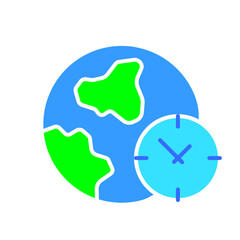 Planet with clock line icon. Weather forecast, prime time, TV channel, radio, television, reporter, channel. Vector color icon on white background for business and advertising.