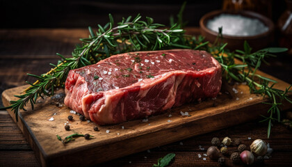 Freshness and spice enhance the gourmet grilled beef on rustic table generated by AI