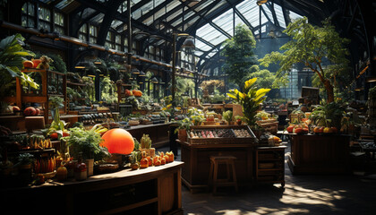 Fototapeta premium Freshness and variety of vegetables inside a modern greenhouse market generated by AI