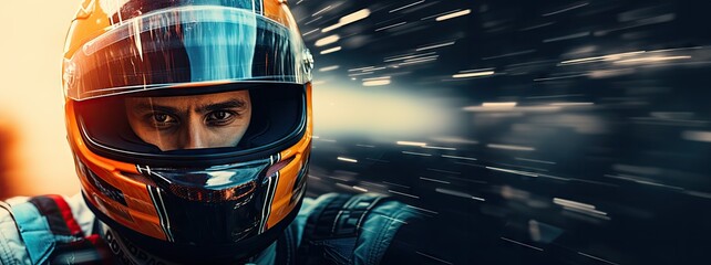 Focused and concentrated man, professional car races in helmet during race. Speed. Concept of motorsport, racing, competition - obrazy, fototapety, plakaty