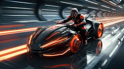 Foto op Plexiglas Man in uniform and helmet, professional racer in motion, driving car fast. Winner. Concept of motorsport, racing, competition © master1305