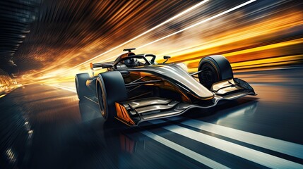Obraz premium Fast and powerful racing car in motion, moving along street with blurred lights in the dark. Concept of motorsport, racing, competition
