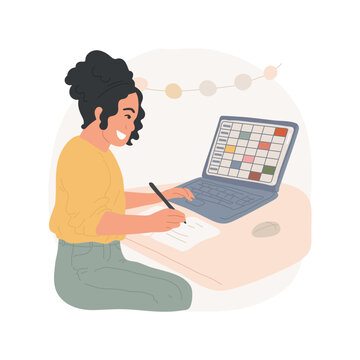 Study planner isolated cartoon vector illustration. Smiling girl planning her study schedule with calendar app, using planner software, teens daily routine, gadget and education vector cartoon.