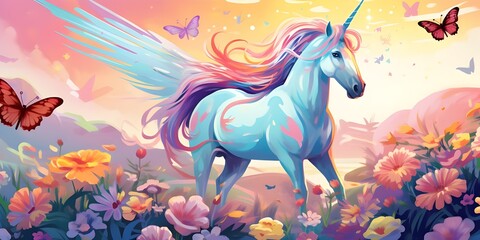 Obraz na płótnie Canvas The Majestic Unicorn: A Vision of Grace Amidst Blooms and Butterflies background ai generated