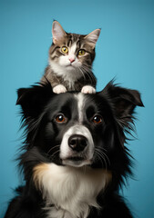 A cat sits on the head of its dog friend