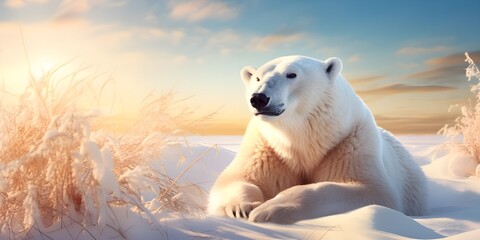 Climate's Silent Witness: The Polar Bear's Melting World in Sunlight background ai generated