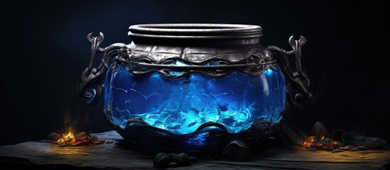 Antique witch cauldron containing Halloween themed blue potions With copyspace for text