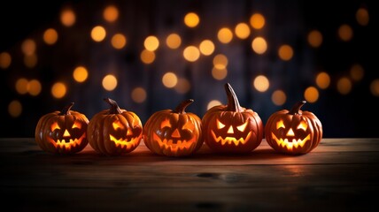  A group of jack-o-lanterns on a dark wooden table, all lit up and glowing in the dark with magic bokeh lights on background, perfect for Halloween greeting cards and banners.