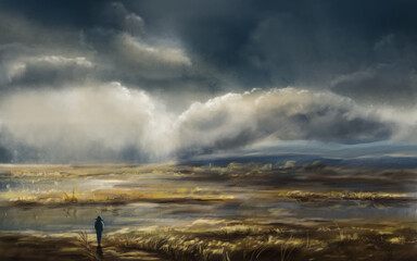 Man silhouette walking in pond landscape with high grass and dramatic storm cloud. Digital hand painting