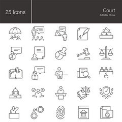 Court line icon set.  25 editable stroke vector graphic elements, stock illustration Icon, Business, Government, Business, Law, Legal System