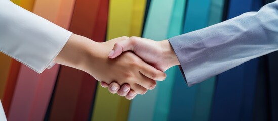 Male and female hands shaking after meeting in creative workspace with color swatches Interior and textile designing coloristics product branding teamwork and creativity in studio With copy