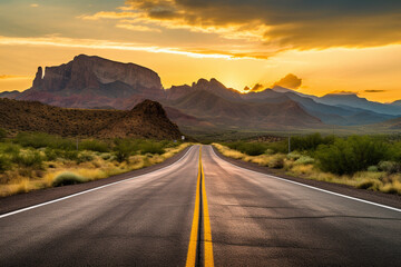 An asphalt road with a yellow dividing strip leads into the distance. Mountain landscape in the background.