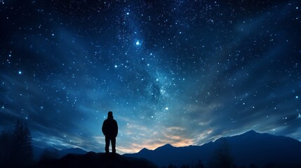 Astro tourism Starry night backdrop with a silhouette man