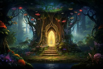 Enchanting lush woods with a mesmerizing, vibrant portal nestled amid the trees. Marvelous artwork showcasing an imaginative realm. Generative AI - obrazy, fototapety, plakaty