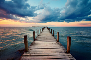 Fototapeta premium The wooden jetty leads far out to sea. AI generated.