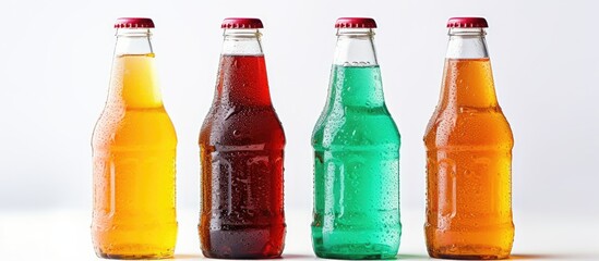 Assorted non alcoholic soda bottles with water droplets With copyspace for text - obrazy, fototapety, plakaty