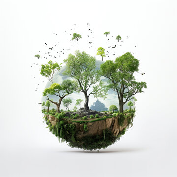 Illustration dedicated to June 5, World Environment Day. Planet Earth surrounded by green forests and seas. AI generated.