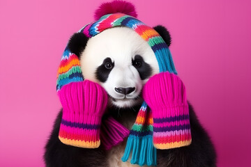 Studio portrait of a panda wearing knitted hat, scarf and mittens. Colorful winter and cold weather...