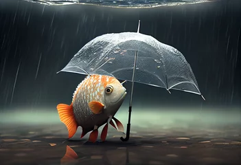 Fotobehang Fish with an umbrella, funny absurd illustration. AI generated. © serperm73