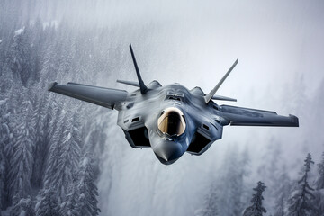 Military aircraft maneuvers in a winter snowstorm over a winter forest. 