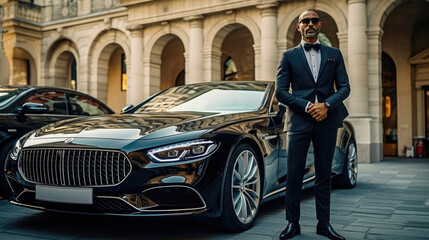Closeup photo of a professional driver beside a luxury car