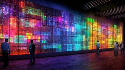A dynamic visualization of stock price movements and trading volume on a large video wall. AI generated - obrazy, fototapety, plakaty