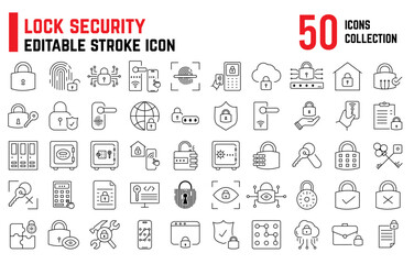Set of lock security editable stroke icons, such as password protect, thumb impression protection, security scanner, smart password production, unlock, key, eye shield. Security thin line icon