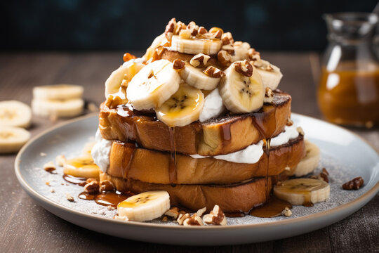 Banana french toast, restaurant menu dessert.