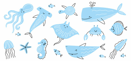 Vector collection of marine life hand-drawn in doodle style