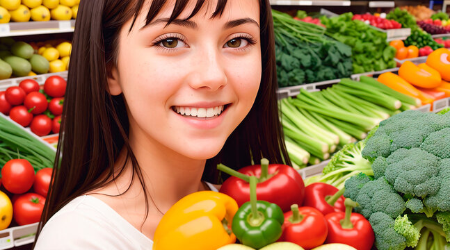 Beautiful young woman choosing fruits and vegetables at the grocery store.