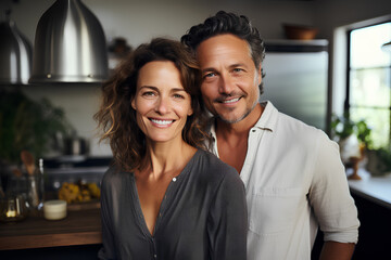 a happy couple in their forties pose in their kitchen