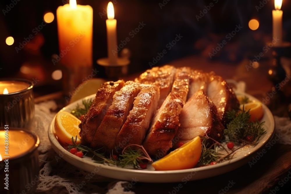 Poster a plate of food with fresh orange slices. perfect for adding a pop of color to any meal or recipe.