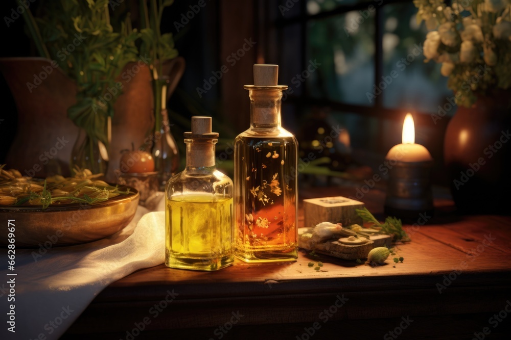 Aufkleber a table featuring bottles of oil and a candle. this versatile image can be used to depict various co