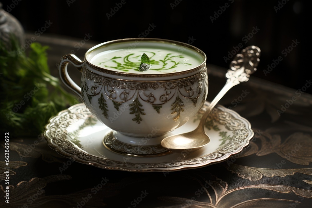 Poster A simple and inviting image of a cup of soup placed on a saucer, accompanied by a spoon. 