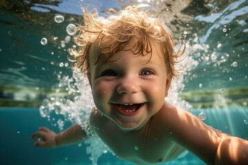Fototapeta na wymiar infant, under six months old, joyfully submerged underwater in the pool