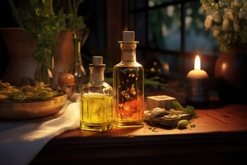 Obraz na płótnie Canvas A table featuring bottles of oil and a candle. This versatile image can be used to depict various concepts such as aromatherapy, relaxation, home decor, and more.