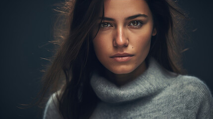 portrait en gros plan de face d'une jeune femme en pullver gris, studio photo