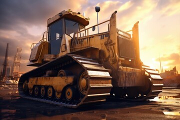 A powerful bulldozer sits on top of a dirt field. This image can be used to depict construction, heavy machinery, or earthmoving activities.