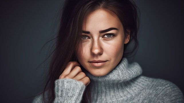 portrait en gros plan de face d'une jeune femme en pullver gris