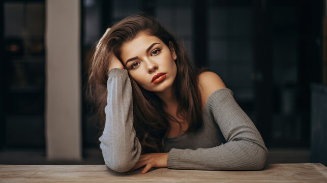portrait de face d'une jeune femme en pullover appuy&eacute;e sur une table, la t&ecirc;te pos&eacute;e sur sa main pensive