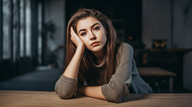 portrait de face d'une jeune femme en pullover appuy&eacute;e sur une table, la t&ecirc;te pos&eacute;e sur sa main pensive