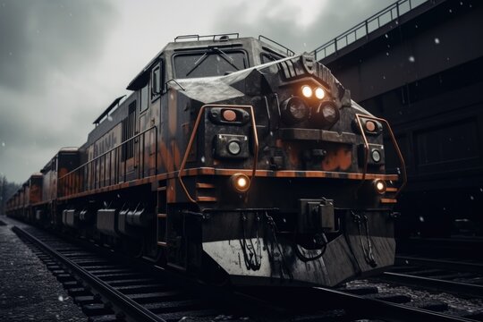 A train is pictured traveling down train tracks under a cloudy sky. This image can be used to depict transportation, travel, or the concept of journey.
